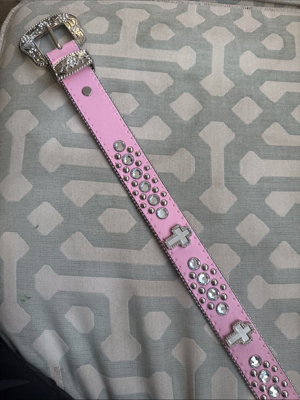 Pink Studded Western Leather Belt with Decorative Buckle 32” total length